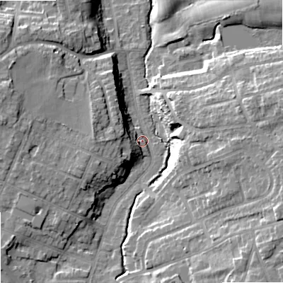Shaded relief map of the ground around SK74NA, computed from Environment Agency LiDAR. The ground here sits at about 78 m above sea level and falls 21 m across the surrounding 800 m. Surface water reaching this point runs off ground lying to the east-south-east, 16.7 m higher.