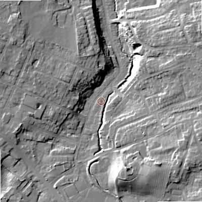 Shaded relief map of the ground around SK74NB, computed from Environment Agency LiDAR. The ground here sits at about 79 m above sea level and falls 18 m across the surrounding 800 m. Surface water reaching this point runs off ground lying to the north-west, 11.0 m higher.