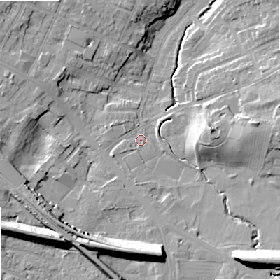 Shaded relief map of the ground around SK74PY, computed from Environment Agency LiDAR. The ground here sits at about 83 m above sea level and falls 22 m across the surrounding 800 m. Surface water reaching this point runs off ground lying to the south, 3.0 m higher.