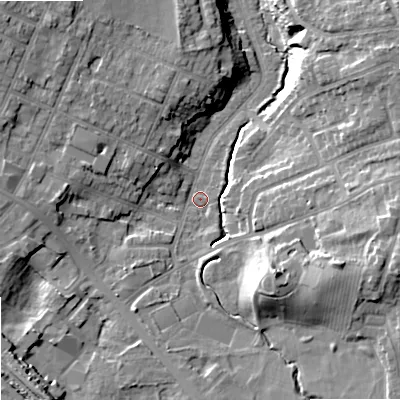 Shaded relief map of the ground around SK74QL, computed from Environment Agency LiDAR. The ground here sits at about 80 m above sea level and falls 17 m across the surrounding 800 m. Surface water reaching this point runs off ground lying to the south-west, 11.1 m higher.