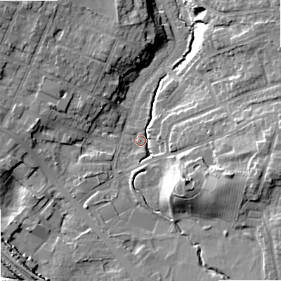 Shaded relief map of the ground around SK74QN, computed from Environment Agency LiDAR. The ground here sits at about 80 m above sea level and falls 17 m across the surrounding 800 m. Surface water reaching this point runs off ground lying to the east-south-east, 13.2 m higher.