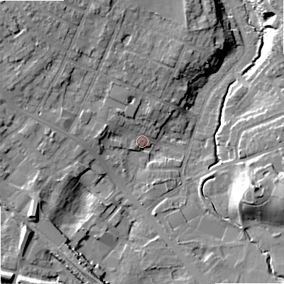 Shaded relief map of the ground around SK74QP, computed from Environment Agency LiDAR. The ground here sits at about 83 m above sea level and falls 18 m across the surrounding 800 m. Surface water reaching this point runs off ground lying to the north-west, 8.1 m higher.