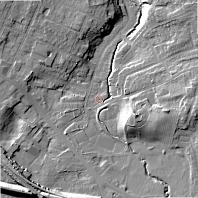 Shaded relief map of the ground around SK74RG, computed from Environment Agency LiDAR. The ground here sits at about 81 m above sea level and falls 20 m across the surrounding 800 m. Surface water reaching this point runs off ground lying to the east, 12.6 m higher.