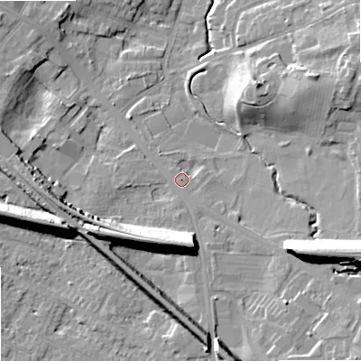 Shaded relief map of the ground around SK76AA, computed from Environment Agency LiDAR. The ground here sits at about 85 m above sea level and falls 20 m across the surrounding 800 m. Surface water reaching this point runs off ground lying to the east-south-east, 13.3 m higher.