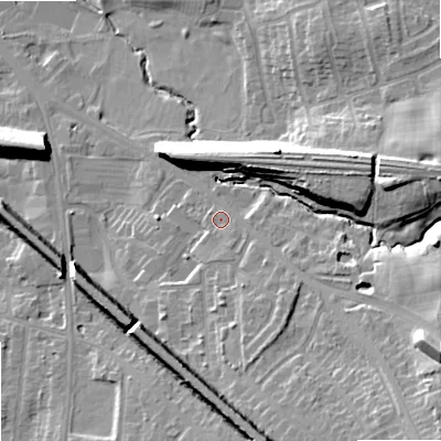 Shaded relief map of the ground around SK76AF, computed from Environment Agency LiDAR. The ground here sits at about 90 m above sea level and falls 24 m across the surrounding 800 m. Surface water reaching this point runs off ground lying to the south-east, 13.0 m higher.