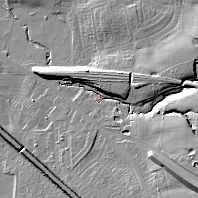 Shaded relief map of the ground around SK76AG, computed from Environment Agency LiDAR. The ground here sits at about 91 m above sea level and falls 31 m across the surrounding 800 m. Surface water reaching this point runs off ground lying to the east-south-east, 19.1 m higher.