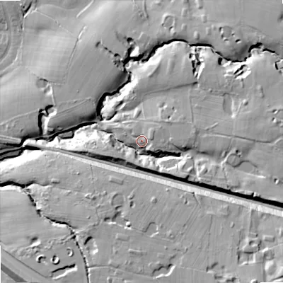 Shaded relief map of the ground around SK76LU, computed from Environment Agency LiDAR. The ground here sits at about 108 m above sea level and falls 32 m across the surrounding 800 m. Surface water reaching this point runs off ground lying to the east-north-east, 4.3 m higher.