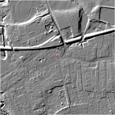 Shaded relief map of the ground around SK81AN, computed from Environment Agency LiDAR. The ground here sits at about 43 m above sea level and falls 18 m across the surrounding 800 m. Surface water reaching this point runs off ground lying to the south, 1.8 m higher.