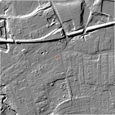 Shaded relief map of the ground around SK81AX, computed from Environment Agency LiDAR. The ground here sits at about 43 m above sea level and falls 18 m across the surrounding 800 m. Surface water reaching this point runs off ground lying to the north-north-west, 0.7 m higher.
