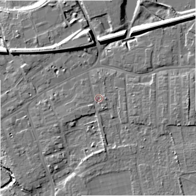 Shaded relief map of the ground around SK81BB, computed from Environment Agency LiDAR. The ground here sits at about 43 m above sea level and falls 13 m across the surrounding 800 m. Surface water reaching this point runs off ground lying to the south-west, 1.5 m higher.