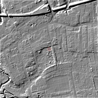 Shaded relief map of the ground around SK81BG, computed from Environment Agency LiDAR. The ground here sits at about 42 m above sea level and falls 15 m across the surrounding 800 m. Surface water reaching this point runs off ground lying to the west-south-west, 2.2 m higher.