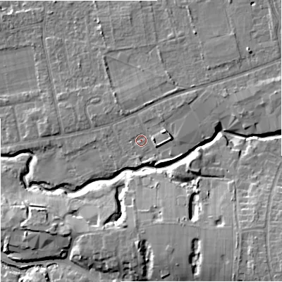 Shaded relief map of the ground around SK81DN, computed from Environment Agency LiDAR. The ground here sits at about 46 m above sea level and falls 14 m across the surrounding 800 m. Surface water reaching this point runs off ground lying to the south-east, 2.9 m higher.