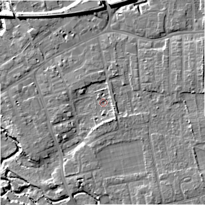 Shaded relief map of the ground around SK81DX, computed from Environment Agency LiDAR. The ground here sits at about 42 m above sea level and falls 14 m across the surrounding 800 m. Surface water reaching this point runs off ground lying to the south-east, 3.4 m higher.