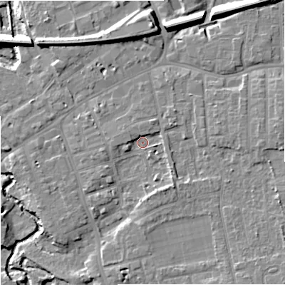 Shaded relief map of the ground around SK81DY, computed from Environment Agency LiDAR. The ground here sits at about 42 m above sea level and falls 15 m across the surrounding 800 m. Surface water reaching this point runs off ground lying to the south-east, 3.4 m higher.