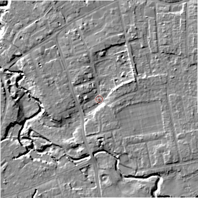 Shaded relief map of the ground around SK81DZ, computed from Environment Agency LiDAR. The ground here sits at about 42 m above sea level and falls 10 m across the surrounding 800 m. Surface water reaching this point runs off ground lying to the east-north-east, 4.2 m higher.