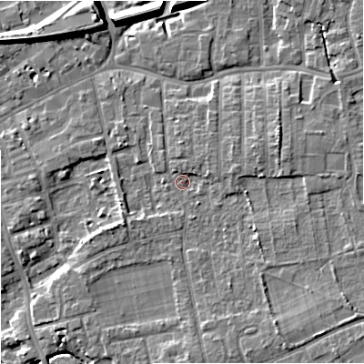 Shaded relief map of the ground around SK81ED, computed from Environment Agency LiDAR. The ground here sits at about 44 m above sea level and falls 9 m across the surrounding 800 m. Surface water reaching this point runs off ground lying to the east-north-east, 2.3 m higher.