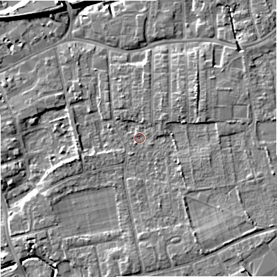 Shaded relief map of the ground around SK81EG, computed from Environment Agency LiDAR. The ground here sits at about 44 m above sea level and falls 9 m across the surrounding 800 m. Surface water reaching this point runs off ground lying to the north-east, 2.0 m higher.