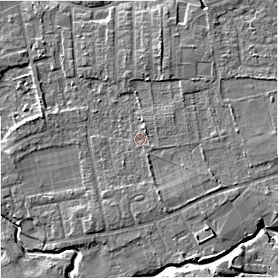 Shaded relief map of the ground around SK81EH, computed from Environment Agency LiDAR. The ground here sits at about 44 m above sea level and falls 9 m across the surrounding 800 m. Surface water reaching this point runs off ground lying to the east-south-east, 2.7 m higher.