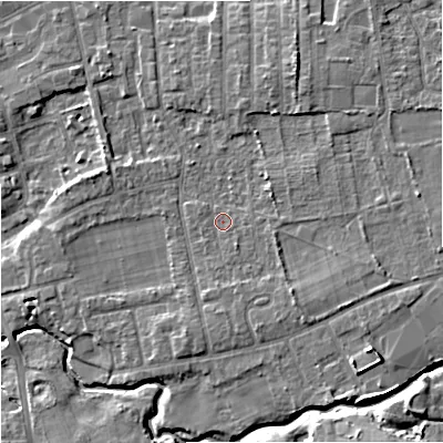 Shaded relief map of the ground around SK81EQ, computed from Environment Agency LiDAR. The ground here sits at about 44 m above sea level and falls 9 m across the surrounding 800 m. Surface water reaching this point runs off ground lying to the east-south-east, 3.0 m higher.