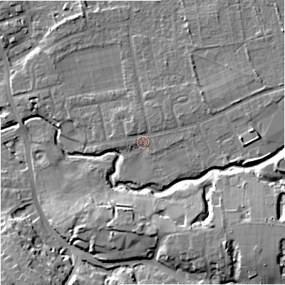 Shaded relief map of the ground around SK81ES, computed from Environment Agency LiDAR. The ground here sits at about 44 m above sea level and falls 13 m across the surrounding 800 m. Surface water reaching this point runs off ground lying to the east-north-east, 2.4 m higher.