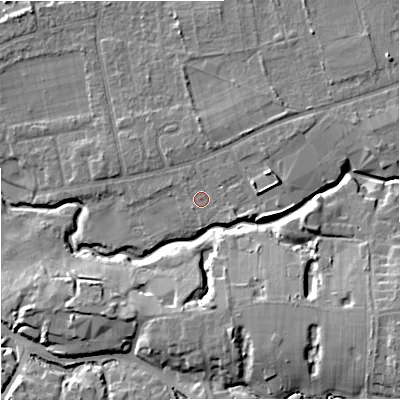 Shaded relief map of the ground around SK81EU, computed from Environment Agency LiDAR. The ground here sits at about 45 m above sea level and falls 14 m across the surrounding 800 m. Surface water reaching this point runs off ground lying to the east-north-east, 3.6 m higher.