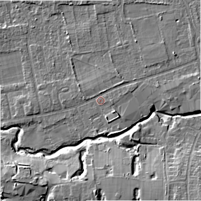 Shaded relief map of the ground around SK81EX, computed from Environment Agency LiDAR. The ground here sits at about 46 m above sea level and falls 13 m across the surrounding 800 m. Surface water reaching this point runs off ground lying to the south-east, 3.0 m higher.
