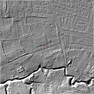Shaded relief map of the ground around SK81EY, computed from Environment Agency LiDAR. The ground here sits at about 46 m above sea level and falls 10 m across the surrounding 800 m. Surface water reaching this point runs off ground lying to the east-south-east, 2.2 m higher.