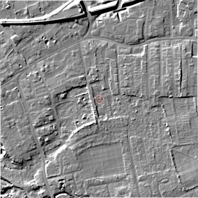Shaded relief map of the ground around SK81EZ, computed from Environment Agency LiDAR. The ground here sits at about 43 m above sea level and falls 12 m across the surrounding 800 m. Surface water reaching this point runs off ground lying to the east-north-east, 4.4 m higher.