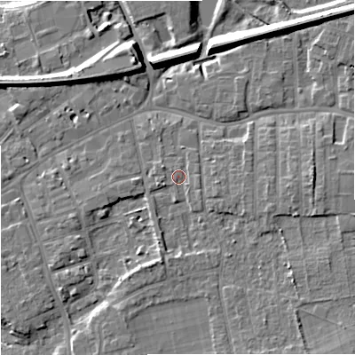 Shaded relief map of the ground around SK81HB, computed from Environment Agency LiDAR. The ground here sits at about 43 m above sea level and falls 12 m across the surrounding 800 m. Surface water reaching this point runs off ground lying to the east, 4.4 m higher.