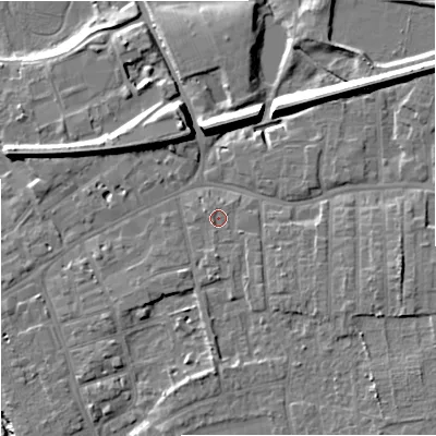 Shaded relief map of the ground around SK81HD, computed from Environment Agency LiDAR. The ground here sits at about 43 m above sea level and falls 12 m across the surrounding 800 m. Surface water reaching this point runs off ground lying to the east-south-east, 4.4 m higher.