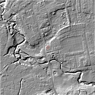 Shaded relief map of the ground around SK81HG, computed from Environment Agency LiDAR. The ground here sits at about 43 m above sea level and falls 14 m across the surrounding 800 m. Surface water reaching this point runs off ground lying to the south-south-east, 2.3 m higher.