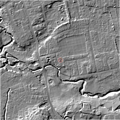 Shaded relief map of the ground around SK81HH, computed from Environment Agency LiDAR. The ground here sits at about 44 m above sea level and falls 15 m across the surrounding 800 m. Surface water reaching this point runs off ground lying to the east-south-east, 3.0 m higher.