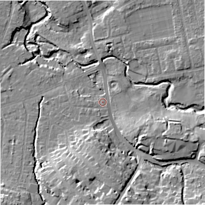 Shaded relief map of the ground around SK81HL, computed from Environment Agency LiDAR. The ground here sits at about 43 m above sea level and falls 18 m across the surrounding 800 m. Surface water reaching this point runs off ground lying to the south, 12.7 m higher.