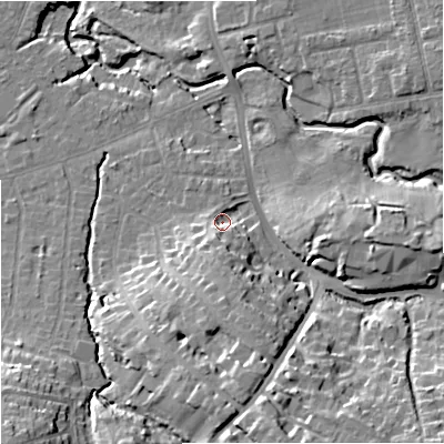 Shaded relief map of the ground around SK81HP, computed from Environment Agency LiDAR. The ground here sits at about 43 m above sea level and falls 20 m across the surrounding 800 m. Surface water reaching this point runs off ground lying to the south, 6.4 m higher.