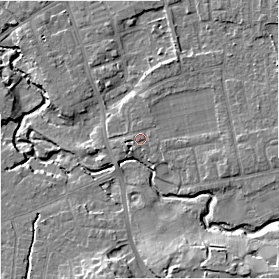 Shaded relief map of the ground around SK81HQ, computed from Environment Agency LiDAR. The ground here sits at about 44 m above sea level and falls 14 m across the surrounding 800 m. Surface water reaching this point runs off ground lying to the east-south-east, 3.0 m higher.