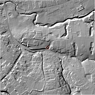 Shaded relief map of the ground around SK81HW, computed from Environment Agency LiDAR. The ground here sits at about 47 m above sea level and falls 18 m across the surrounding 800 m. Surface water reaching this point runs off ground lying to the south, 12.6 m higher.