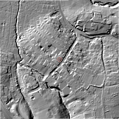 Shaded relief map of the ground around SK81JB, computed from Environment Agency LiDAR. The ground here sits at about 55 m above sea level and falls 22 m across the surrounding 800 m. Surface water reaching this point runs off ground lying to the south-west, 1.6 m higher.