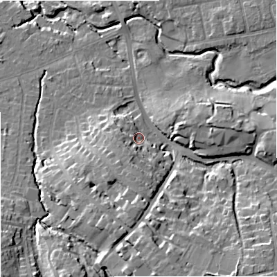 Shaded relief map of the ground around SK81JS, computed from Environment Agency LiDAR. The ground here sits at about 45 m above sea level and falls 21 m across the surrounding 800 m. Surface water reaching this point runs off ground lying to the south-south-west, 7.9 m higher.