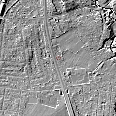 Shaded relief map of the ground around SK81LA, computed from Environment Agency LiDAR. The ground here sits at about 40 m above sea level and falls 9 m across the surrounding 800 m. Surface water reaching this point runs off ground lying to the south-south-east, 6.0 m higher.