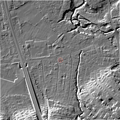 Shaded relief map of the ground around SK81LB, computed from Environment Agency LiDAR. The ground here sits at about 42 m above sea level and falls 18 m across the surrounding 800 m. Surface water reaching this point runs off ground lying to the south, 2.4 m higher.