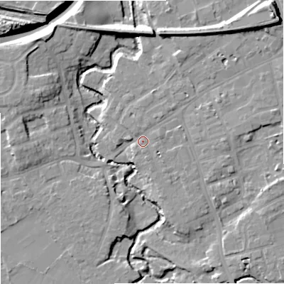 Shaded relief map of the ground around SK81LY, computed from Environment Agency LiDAR. The ground here sits at about 42 m above sea level and falls 14 m across the surrounding 800 m. Surface water reaching this point runs off ground lying to the east-north-east, 1.9 m higher.
