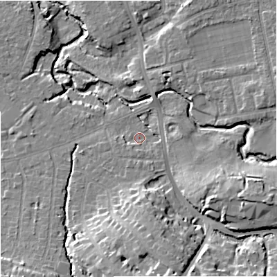 Shaded relief map of the ground around SK81NH, computed from Environment Agency LiDAR. The ground here sits at about 42 m above sea level and falls 17 m across the surrounding 800 m. Surface water reaching this point runs off ground lying to the south-south-east, 2.7 m higher.