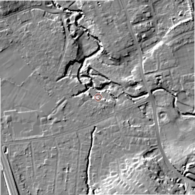 Shaded relief map of the ground around SK81NN, computed from Environment Agency LiDAR. The ground here sits at about 40 m above sea level and falls 15 m across the surrounding 800 m. Surface water reaching this point runs off ground lying to the south-south-east, 13.8 m higher.