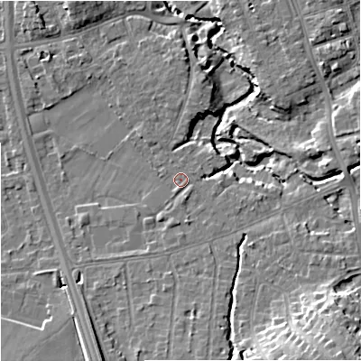 Shaded relief map of the ground around SK81NP, computed from Environment Agency LiDAR. The ground here sits at about 42 m above sea level and falls 15 m across the surrounding 800 m. Surface water reaching this point runs off ground lying to the south, 1.2 m higher.