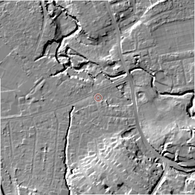 Shaded relief map of the ground around SK81NQ, computed from Environment Agency LiDAR. The ground here sits at about 42 m above sea level and falls 16 m across the surrounding 800 m. Surface water reaching this point runs off ground lying to the south-south-east, 12.1 m higher.