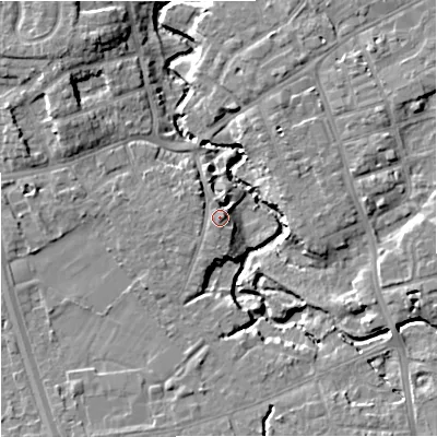Shaded relief map of the ground around SK81NT, computed from Environment Agency LiDAR. The ground here sits at about 43 m above sea level and falls 10 m across the surrounding 800 m. Surface water reaching this point runs off ground lying to the east, 7.2 m higher.