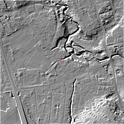 Shaded relief map of the ground around SK81NW, computed from Environment Agency LiDAR. The ground here sits at about 42 m above sea level and falls 15 m across the surrounding 800 m. Surface water reaching this point runs off ground lying to the south-south-west, 1.2 m higher.