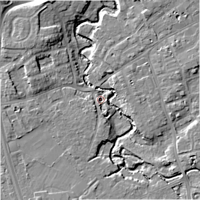 Shaded relief map of the ground around SK81PD, computed from Environment Agency LiDAR. The ground here sits at about 40 m above sea level and falls 11 m across the surrounding 800 m. Surface water reaching this point runs off ground lying to the south-east, 7.3 m higher.