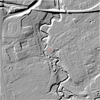 Shaded relief map of the ground around SK81QD, computed from Environment Agency LiDAR. The ground here sits at about 40 m above sea level and falls 12 m across the surrounding 800 m. Surface water reaching this point runs off ground lying to the north-east, 11.9 m higher.