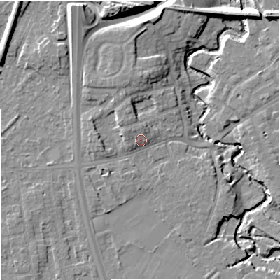 Shaded relief map of the ground around SK81QE, computed from Environment Agency LiDAR. The ground here sits at about 43 m above sea level and falls 12 m across the surrounding 800 m. Surface water reaching this point runs off ground lying to the north-west, 1.6 m higher.